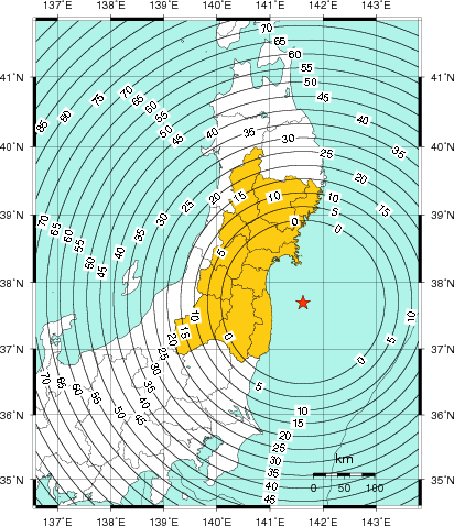 緊急地震速報（警報）第2報を発表した地域及び主要動到達までの時間