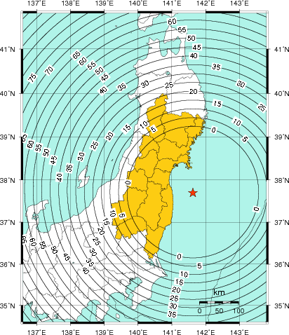 緊急地震速報（警報）第3報を発表した地域及び主要動到達までの時間