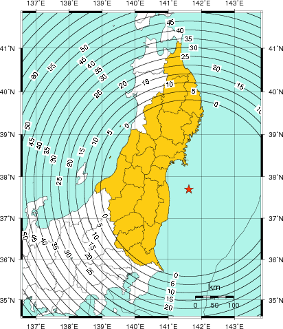 緊急地震速報（警報）第4報を発表した地域及び主要動到達までの時間