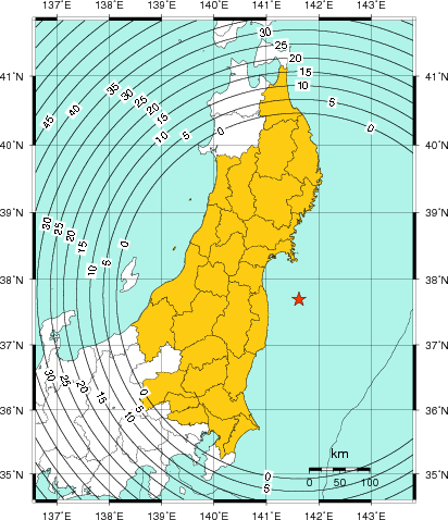 緊急地震速報（警報）第5報を発表した地域及び主要動到達までの時間