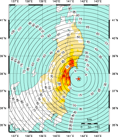 緊急地震速報第1報提供から主要動到達までの時間及び推計震度分布図