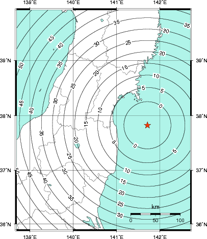 緊急地震速報第1報提供から主要動到達までの時間及び推計震度分布図