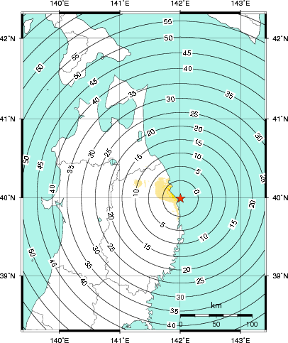 緊急地震速報第1報提供から主要動到達までの時間及び推計震度分布図