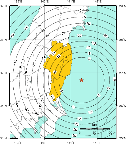 緊急地震速報（警報）第1報を発表した地域及び主要動到達までの時間