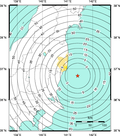 緊急地震速報第1報提供から主要動到達までの時間及び推計震度分布図