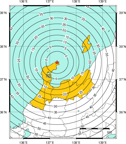 緊急地震速報（警報）第1報を発表した地域及び主要動到達までの時間