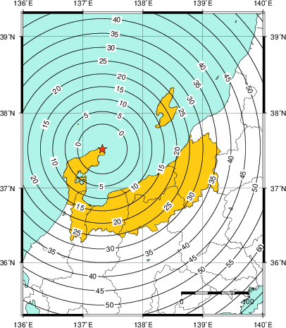 緊急地震速報（警報）第1報を発表した地域及び主要動到達までの時間