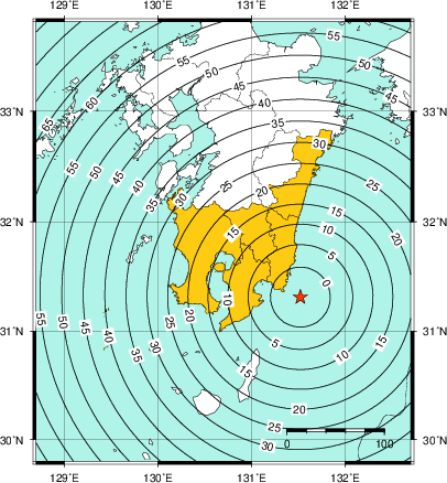 緊急地震速報（警報）第1報を発表した地域及び主要動到達までの時間