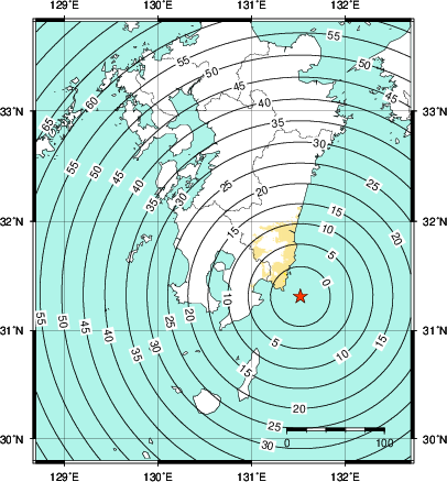 緊急地震速報第1報提供から主要動到達までの時間及び推計震度分布図