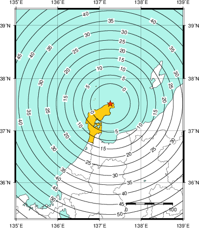 緊急地震速報（警報）第1報を発表した地域及び主要動到達までの時間