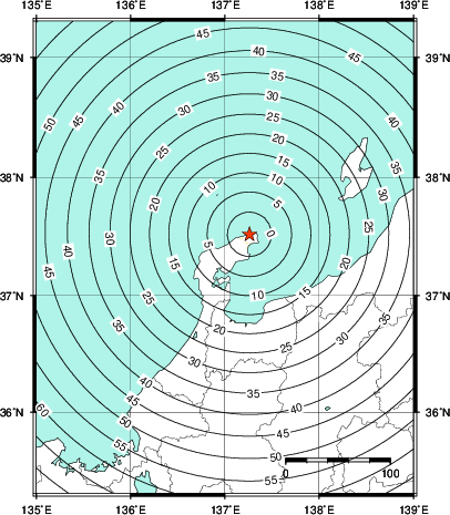 緊急地震速報第1報提供から主要動到達までの時間及び推計震度分布図