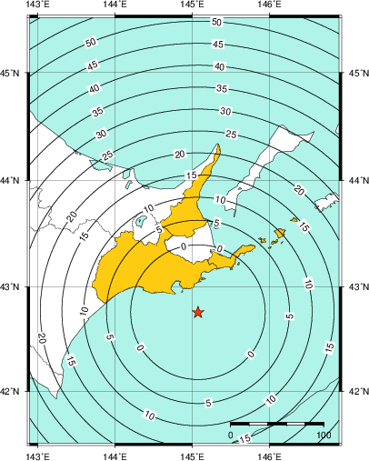 緊急地震速報（警報）第1報を発表した地域及び主要動到達までの時間