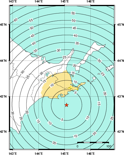 緊急地震速報第1報提供から主要動到達までの時間及び推計震度分布図