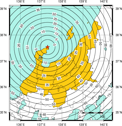 緊急地震速報（警報）第1報を発表した地域及び主要動到達までの時間