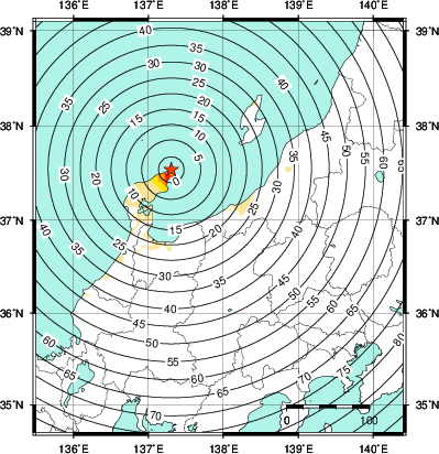 緊急地震速報第1報提供から主要動到達までの時間及び推計震度分布図