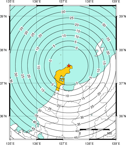 緊急地震速報（警報）第1報を発表した地域及び主要動到達までの時間