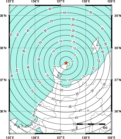 緊急地震速報第1報提供から主要動到達までの時間及び推計震度分布図