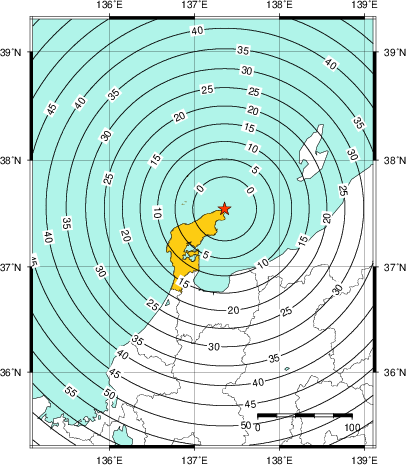 緊急地震速報（警報）第1報を発表した地域及び主要動到達までの時間