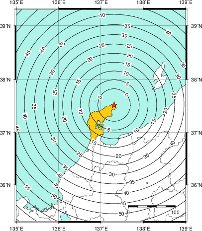 緊急地震速報（警報）第1報を発表した地域及び主要動到達までの時間