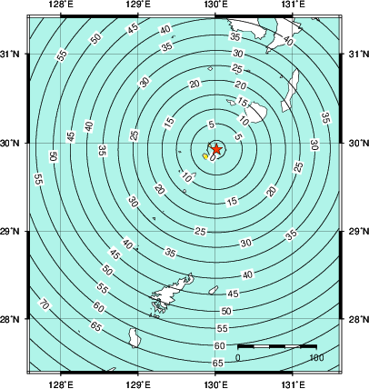 緊急地震速報第1報提供から主要動到達までの時間及び推計震度分布図