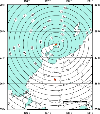 緊急地震速報第1報提供から主要動到達までの時間及び推計震度分布図