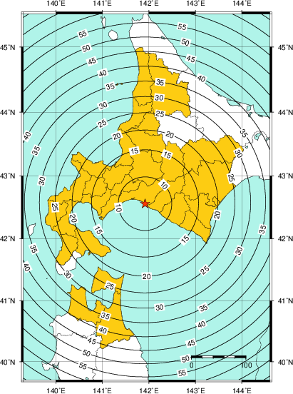 緊急地震速報（警報）第1報を発表した地域及び主要動到達までの時間