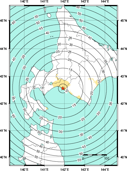 緊急地震速報第1報提供から主要動到達までの時間及び推計震度分布図