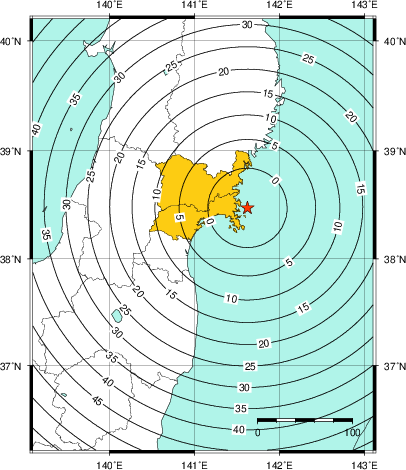 緊急地震速報（警報）第1報を発表した地域及び主要動到達までの時間