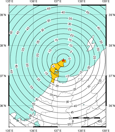 緊急地震速報（警報）第1報を発表した地域及び主要動到達までの時間