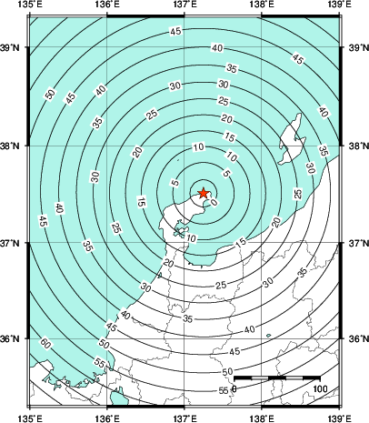 緊急地震速報第1報提供から主要動到達までの時間及び推計震度分布図