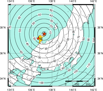 緊急地震速報（警報）第1報を発表した地域及び主要動到達までの時間