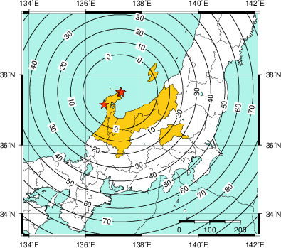 緊急地震速報（警報）第2報を発表した地域及び主要動到達までの時間