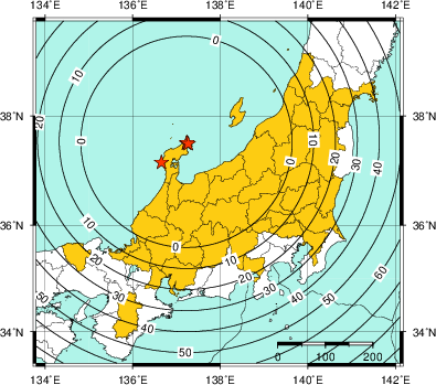 緊急地震速報（警報）第3報を発表した地域及び主要動到達までの時間