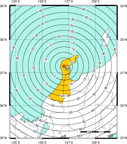 緊急地震速報（警報）第1報を発表した地域及び主要動到達までの時間