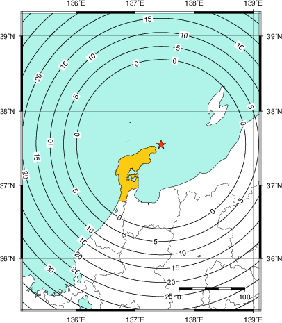 緊急地震速報（警報）第1報を発表した地域及び主要動到達までの時間