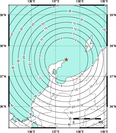 緊急地震速報第1報提供から主要動到達までの時間及び推計震度分布図