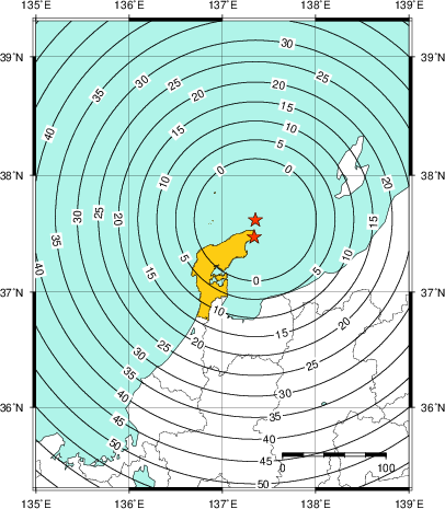 緊急地震速報（警報）第1報を発表した地域及び主要動到達までの時間