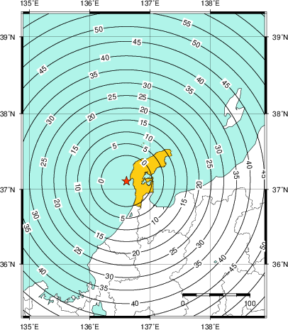 緊急地震速報（警報）第1報を発表した地域及び主要動到達までの時間