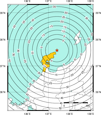 緊急地震速報（警報）第1報を発表した地域及び主要動到達までの時間