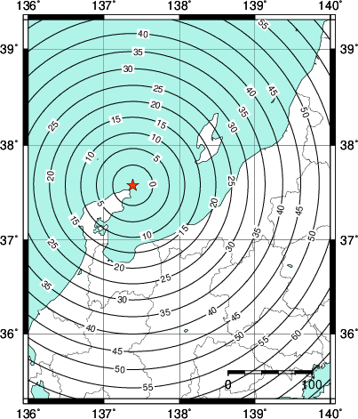 緊急地震速報第1報提供から主要動到達までの時間及び推計震度分布図