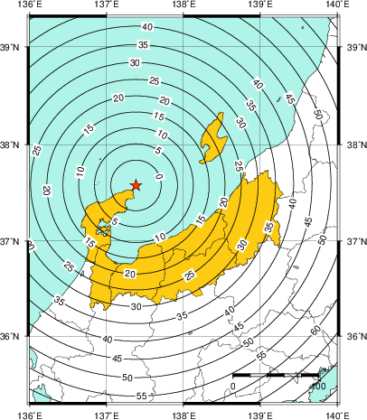 緊急地震速報（警報）第1報を発表した地域及び主要動到達までの時間