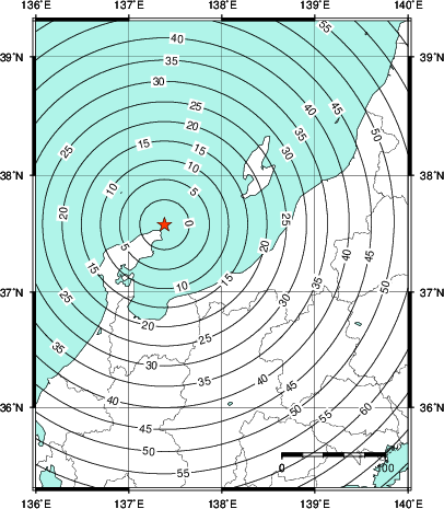 緊急地震速報第1報提供から主要動到達までの時間及び推計震度分布図