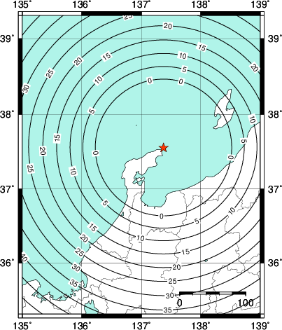 緊急地震速報第1報提供から主要動到達までの時間及び推計震度分布図