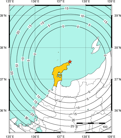 緊急地震速報（警報）第1報を発表した地域及び主要動到達までの時間