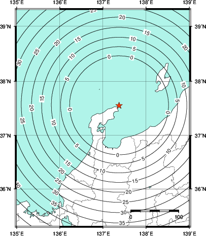 緊急地震速報第1報提供から主要動到達までの時間及び推計震度分布図