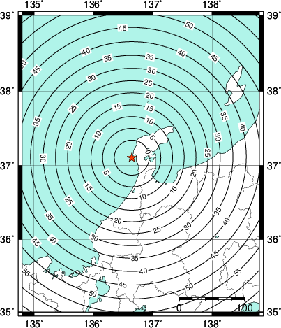 緊急地震速報第1報提供から主要動到達までの時間及び推計震度分布図