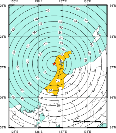 緊急地震速報（警報）第1報を発表した地域及び主要動到達までの時間