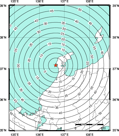 緊急地震速報第1報提供から主要動到達までの時間及び推計震度分布図