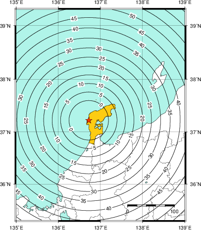 緊急地震速報（警報）第1報を発表した地域及び主要動到達までの時間