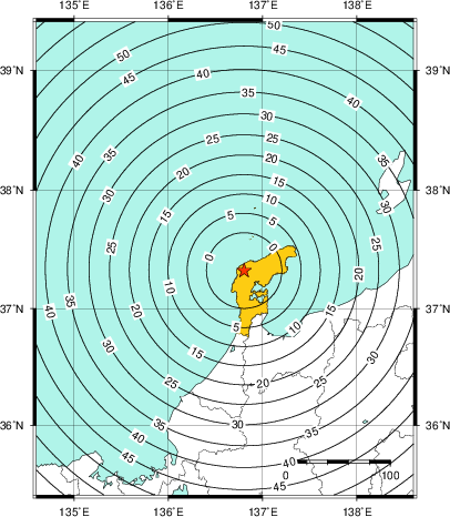 緊急地震速報（警報）第1報を発表した地域及び主要動到達までの時間